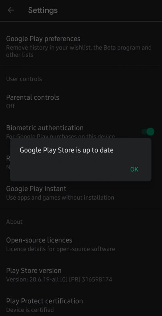 Click OK-Update Google Play Store