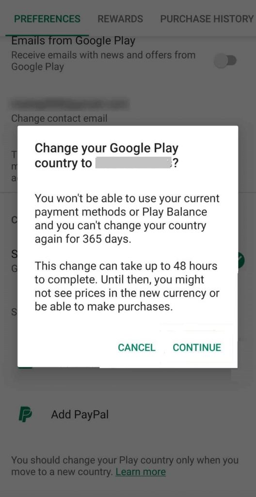 Click Continue to Change Country in Google Play Store