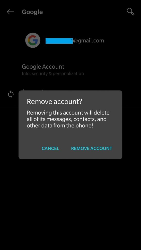 Tap on Remove Account to fix Google Play Store has Stopped