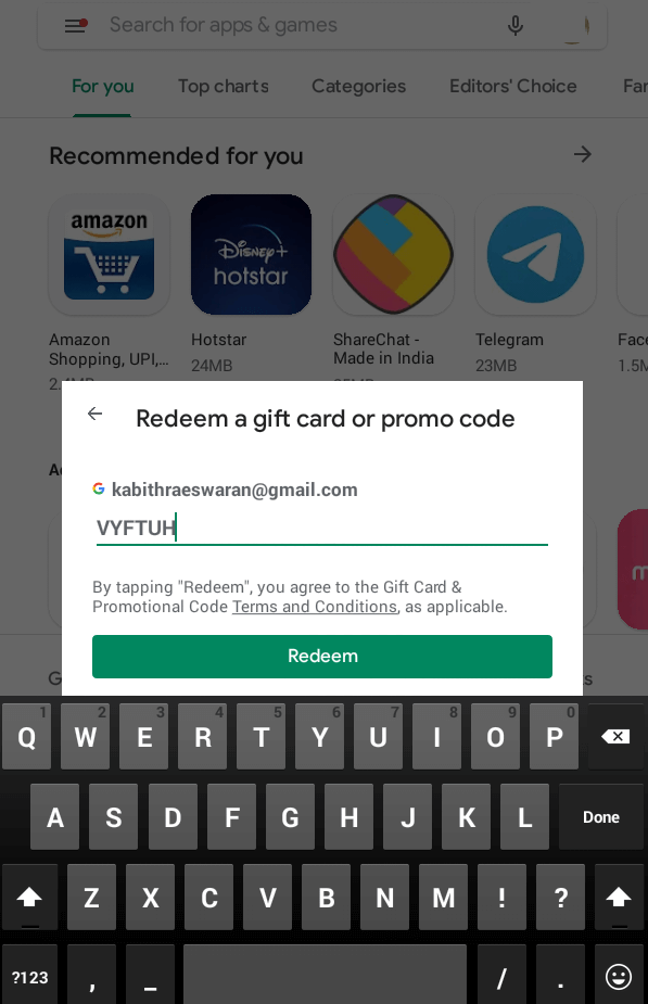 Click on Redeem to Redeem Google Play Store Gift Card Code