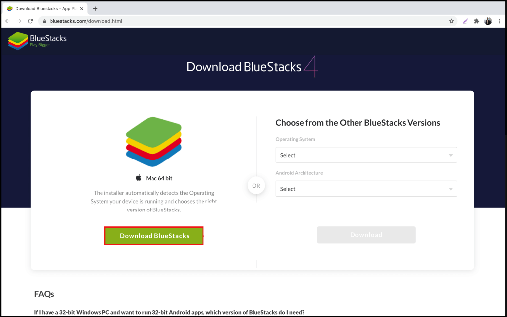 Select Download BlueStacks button